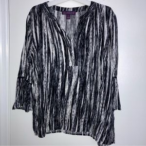 Gloria Vanderbilt Women's Black White Striped 3/4 Sleeve V Neck Blouse Size L.